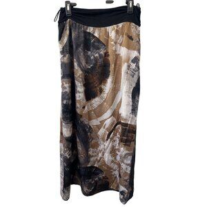 Glam Pull On Maxi Skirt Size Medium Abstract Print Black Brown Polyester Retro